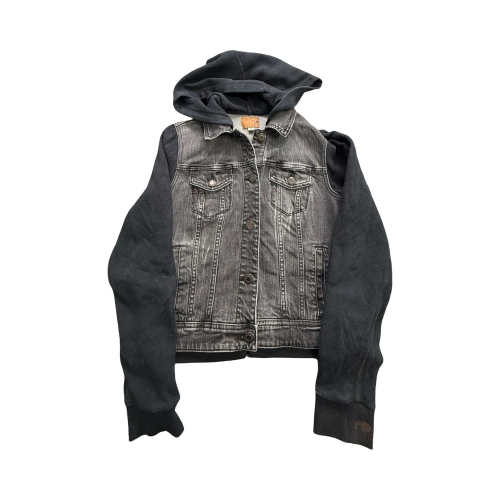 American Eagle Hooded Jacket Womens M Grey Black Denim Sweatshirt Workwear